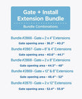 Gate install extension bundle details; bundle combinations with different gate opening areas and extensions for stairs gate.