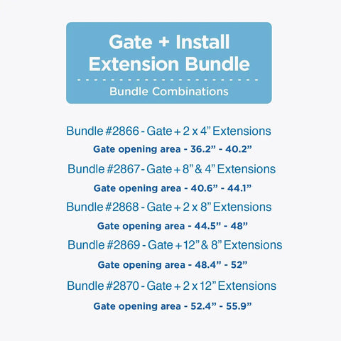 Gate install extension bundle details; bundle combinations with different gate opening areas and extensions for stairs gate.