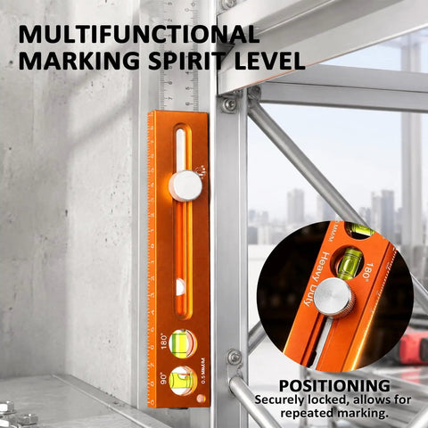 Nailed It 4-In-1 Aluminum Marking Level Ruler With Dual Industrial Magnets, Sliding Depth Gauge, And Flexible Angle Finder For Swift Woodworking And Carpentry Jobs positioned on a metal framework.