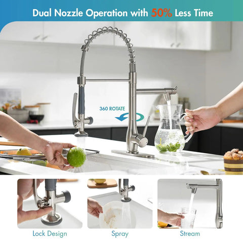 Pull Down Sprayer Kitchen Faucet With Single Handle And Two Independent Nozzles in brushed nickel finish, shows spray modes