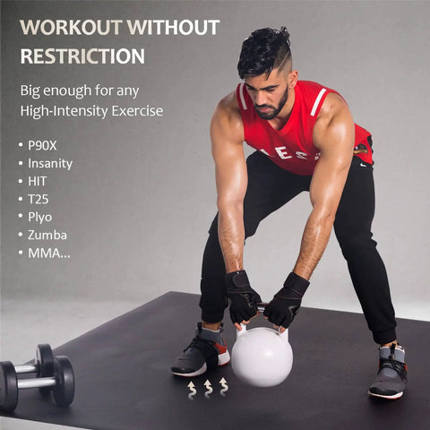 Man exercising with kettlebell on Extra Wide Exercise Mat For Home Gym Flooring Non Slip Durable Cardio Mat