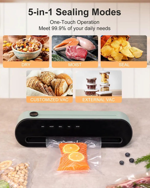 Automatic Vacuum Sealer Machine With One Touch Operation Keeps Your Grub Fresh For Weeks showing sealing modes with salmon and nuts.