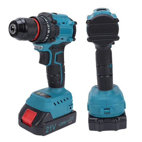 Badass Cordless Drill with Brushless Motor 55Nm Torque 25 Plus 1 Settings Dual Speed 0 to 1500RPM Metal Chuck side view with battery.