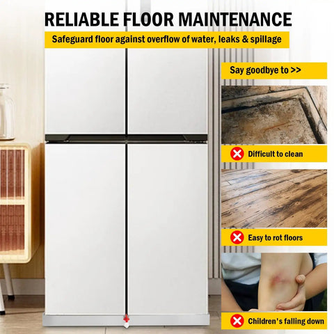 Image showing a washing machine with text highlighting the benefits of using Heavy Duty Stainless Steel Washing Machine Pan For Washer And Dryer 28 Inch By 30 Inch Drip Tray Floor Saver With Drain Hole Hose Adapter Four Anti Vibration Feet Keeps Floors Dry From Leaks Condensation And Overflow to prevent difficult cleaning and floor rotting.