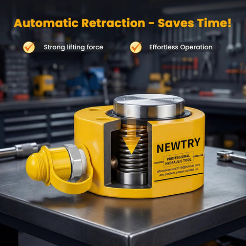 Front view of NEWTRY 20-ton low-profile hydraulic porta power kit with CP-180 hand pump, yellow.