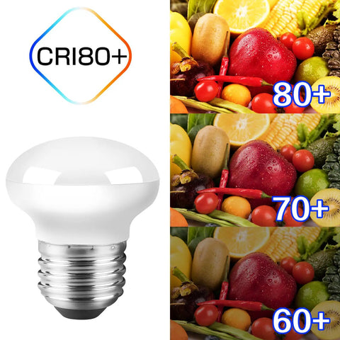 R14 E17 LED Bulb 4W Mini Reflector Floodlight 6500K Cool White 400 Lumens CRI 80 plus color comparison with fruits