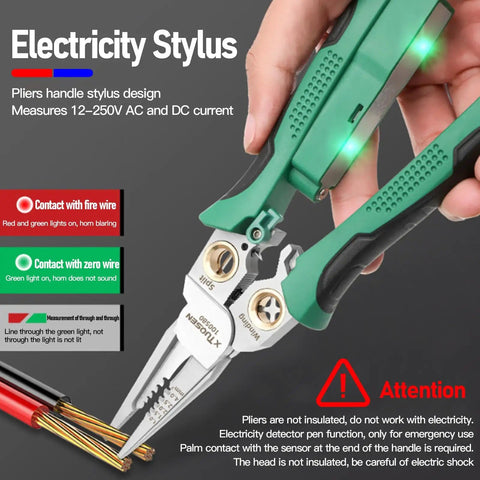 Green Do It All Electrician Wire Stripper With Built In Power Meter for cutting, crimping, scraping and pressing wires in use