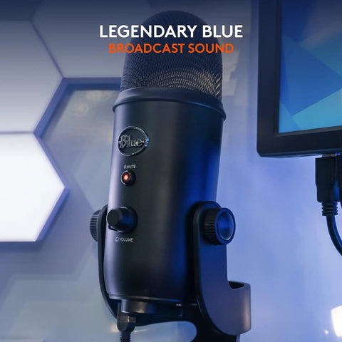 Blue Yeti USB Microphone For PC And Mac, Gaming And Streaming Ready, shown on a stand in a studio environment