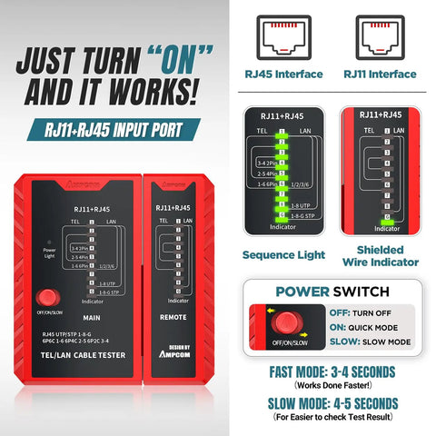 Red RJ11-RJ45 network cable tester with sequence light indicators and power switch for All In One Ethernet Crimping Tool Kit.