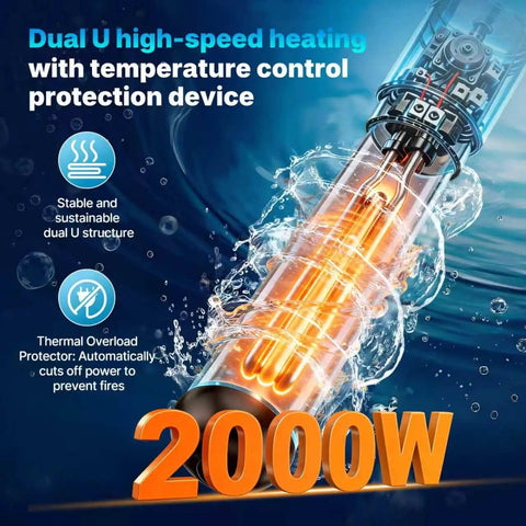 Heavy Duty 2000W Portable Water Heater Rapid Immersion Stick with dual U heating in water for fast heating.