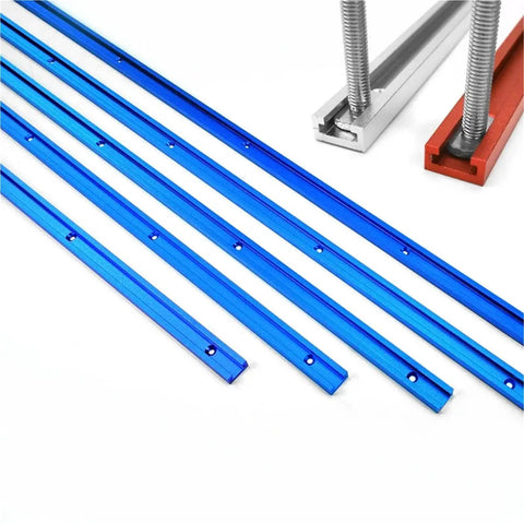 Heavy Duty Aluminum T Track Miter Jig Slot For Table Saw And Router Bench Rig No Sweat Install Smooth Glide Tight Clamp Grip Game Changing Woodworking Chute Tool 300 Millimeter blue T-slot guide rails with holes.