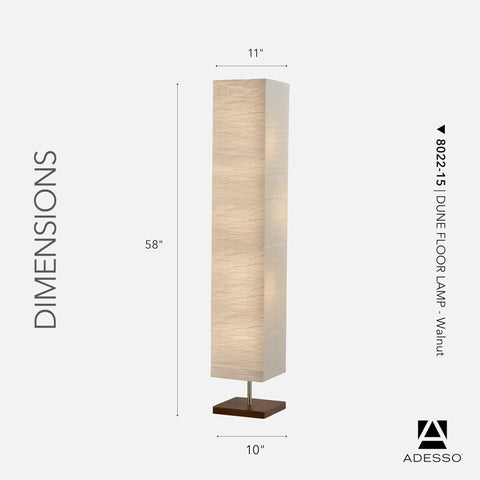 Dimensions of three light floor lamp with natural wood base and dimmable brightness, satin steel accents, crinkle paper shade.