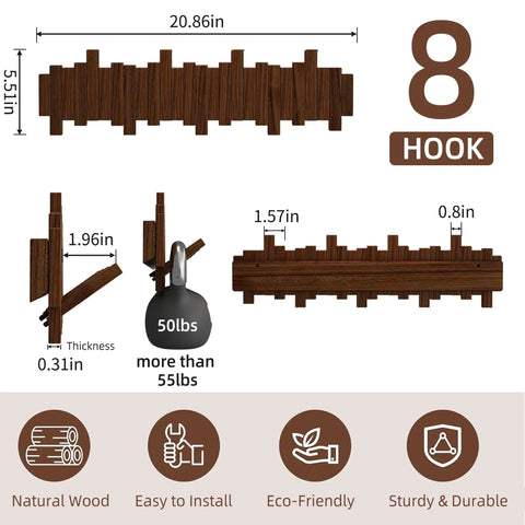Natural Walnut Wooden Piano Coat Rack Wall Mounted With Eight Heavy Duty Flip Down Hooks For Coats Bags And Keys Space Saving Entryway Stand dimension illustrations