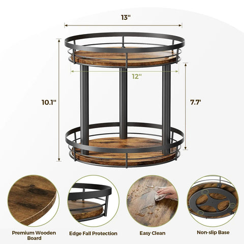 Top Tier Heavy Duty Rustic Lazy Susan Turntable with Smooth Spin Rotating Spice Rack and Reinforced Metal Frame sturdy 13" x 12" organizer.