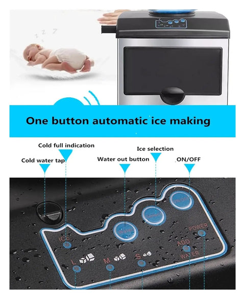 Plug And Play Countertop Ice Maker Delivers Quick Freeze Bullet Cubes With Thirty Kilos Daily Output and solid storage with easy control panel.