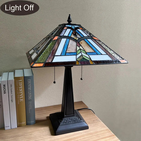 Stained Glass Tiffany Table Lamp 16 Inch Wide With Dope Mission Frank Lloyd Wright Style Desk Light, base on desk, light off.