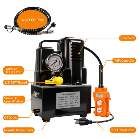 Heavy Duty Electric Hydraulic Pump 10000 Psi Single Acting Solenoid Valve Dual Stage Flow Quick Fill 120V with 6.5ft oil pipe and 7.5ft controller.