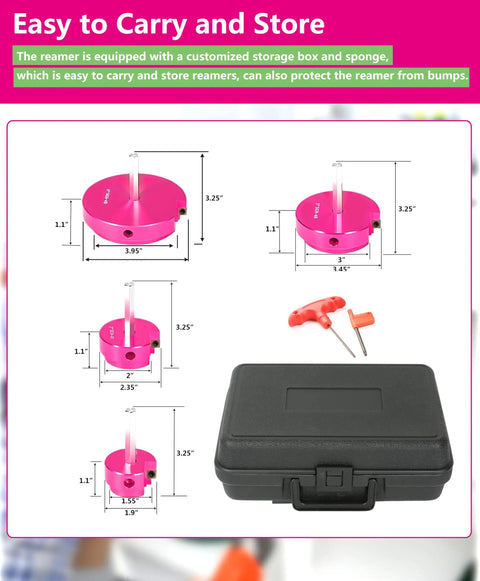4 Piece Pipe Reamer Kit For PVC CPVC And ABS Piping with sizes 1.5 to 4 inch, pink tools, black storage case, red handles