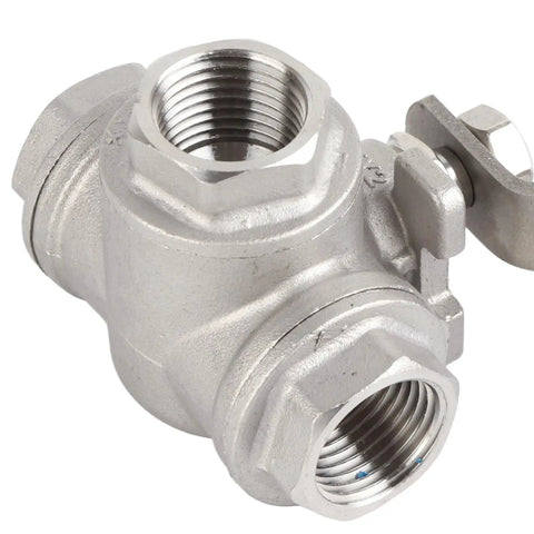 304 Stainless Steel Three Way Ball Valve One Half Inch Female Thread, rugged design for industrial plumbing applications.