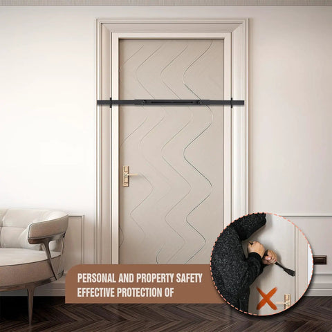 Badass Heavy Duty Door Security Bar Set Rock Solid Adjustable barricade installed on interior door for home safety and protection.