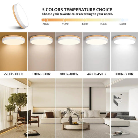 Wooden Flush Mount Ceiling Light With Dimmable LED 5CCT 2700K 6000K Round 16 Inch Ceiling Fixture color temperature options