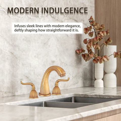 Antique Brass Two-Handle Three-Hole Bathroom Sink Faucet With Drip-Free Solid Brass Construction Hot And Cold Water Mixing Classic Vanity Tap Matching Metal Pop-Up Drain Assembly For Easy Install displayed on marble counter with decor plant.