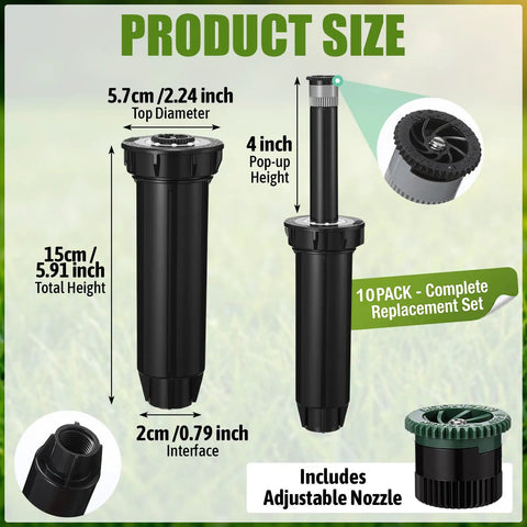 Straight Fire 4 Inch Pop Up Sprinkler Heads 10 Pack Includes 5 Replacement Nozzles for Yard and Landscape Adjustable Spray Plastic Body dimensions