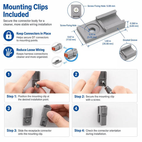 Instructions for mounting clips of 2 Pin Deutsch DT Connector Kit With 10 Sets DT04 2P DT06 2S Size 16 Stamped Contacts