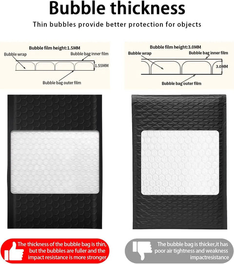Comparison of bubble thickness in Black Opaque Bubble Mailers 4x8 Inch Self Seal 52 Pack Padded Envelopes