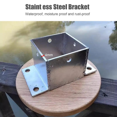 Built Tough Stainless Steel Square Fence Post Anchor Base With Heavy Duty Hardware For Concrete Or Wood Deck Yard Upgrade Rock Solid Railing Bracket System 85Mm X 85Mm 2 Pack on wooden surface.
