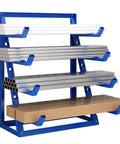 Top Notch 4 Tier Steel Lumber And Pipe Storage Rack With Adjustable Arms and Rugged Alloy Frame Holding Up To Two Thou Pounds for Garage use.