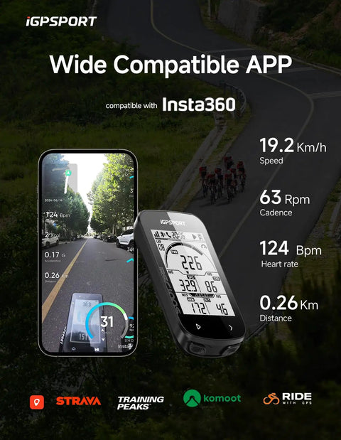 Product display of GPS Bike Computer With Wireless Connectivity And 2.6 Inch LCD Display showing riding metrics and app compatibility.
