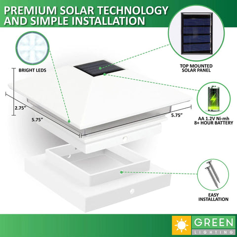 Gala Solar Powered LED Post Cap Lights 4 Pack For 4x4 Wood And PVC Posts White Outdoor Garden Pathway Lighting With Weatherproof Caps Easy Installation No Wiring Needed, featuring solar panel, bright LEDs, and installation details.