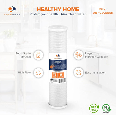 4.5 By 20 Carbon Block Filter Cartridge 5 Micron Whole House Water Filter Replacement Removes Chlorine Taste And Odors Easy Install Compatible With FC25B EPM-20BB CB-BB-20 155783-43 One Pack product image with specifications