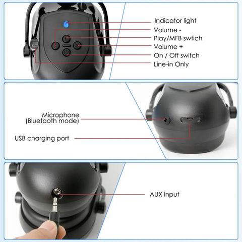 Detailed view of controls and ports on Heavy Duty Bluetooth Hard Hat Earmuffs With NRR 26Db Noise Cancelling Hearing Protection.