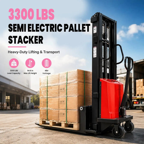 Heavy Duty Pallet Stacker Forklift With 3300 Lb Motor Power For Warehouse Hauling And Lifting Jobs, high lift stacks with pallets.