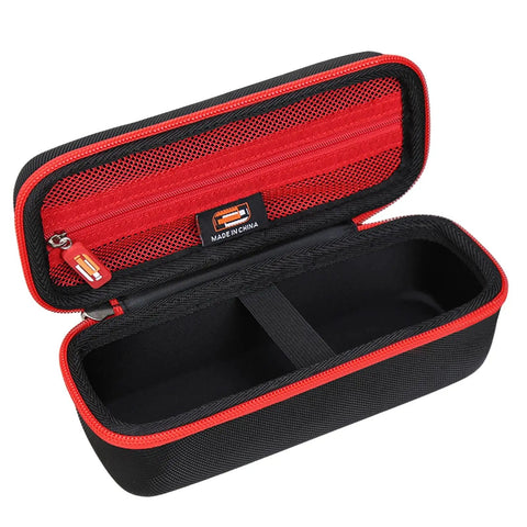 Open view of Rock Solid Eva Hard Shell Carry Case For 4v Pivoting Head Screwdriver, featuring black and red design with mesh pocket.