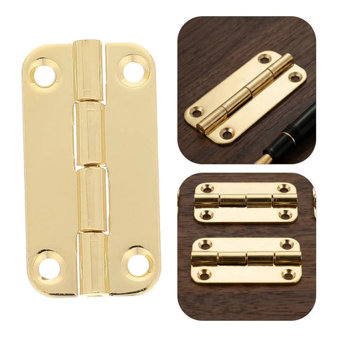 Antique Mini Cabinet Hinges 1.5 Inch 12 Pack in gold tone with rounded corners, four-hole vertical hinge for cupboards