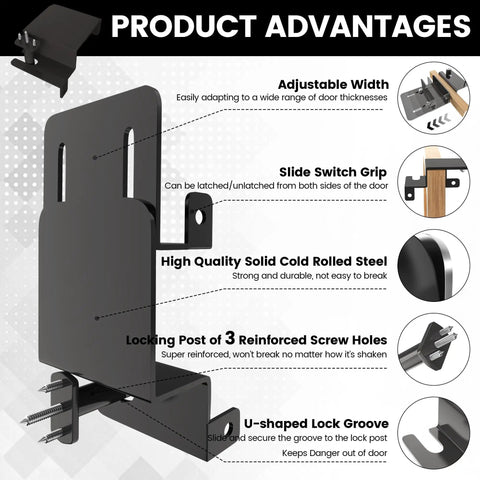 Adjustable Heavy Duty Top Mount Door Lock For Kid And Pet Safety With Smooth Two Way Release For French Or Sliding Interior Exterior Doors Tough As Nails Quick Install In Sleek Black Metal - product advantages diagram, adjustable width, high quality steel.