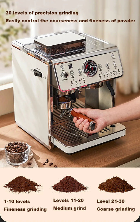 Close-up of Top Shelf Bean To Cup Espresso Machine With Burr Grinder displaying 30 grind levels and freshly ground coffee.