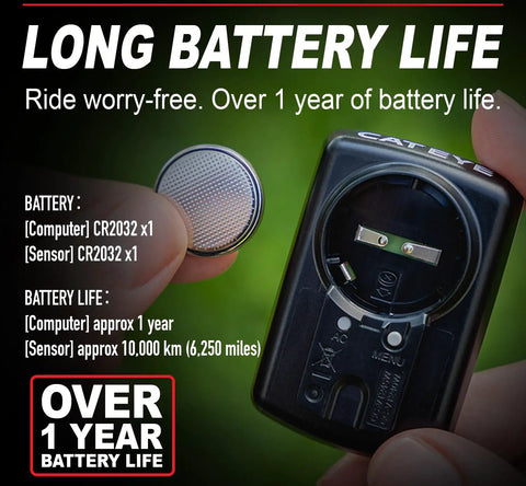 CR2032 battery next to Velo Wireless Bike Computer With Real Time Speed And Pace Arrow, Max And Average Speeds, Total And Trip Distances device