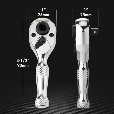 Prograde 1/4 Inch Stubby Ratchet Wrench Dual Socket Bit Driver 72 Tooth Chrome Alloy displayed front and side views.