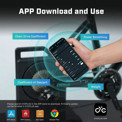 High-Power Indoor Bike Trainer With 2200W Brushless Motor showing app settings and compatibility features.