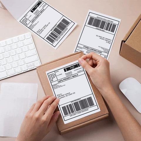 Person applying Straight Up Premium 4x6 Direct Thermal Shipping Labels Fanfold Paper on a cardboard box with keyboard.