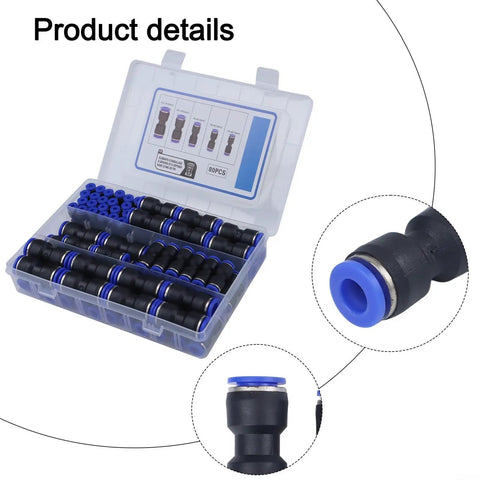 Get Ready To Build With This Awesome 80 Piece Pneumatic Push To Connect Fittings Kit Featuring Straight Air Line Tube Connectors For PU PA PE PVC Nylon Hose Sizes Including 5/32 1/4 5/16 3/8 And 1/2 Inch OD Plus Zero Leak High Pressure Sealing That; 80-piece plastic case