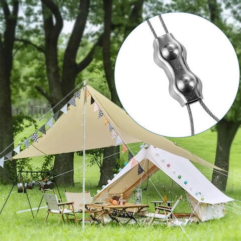 Built Different 304 Stainless Steel Wire Rope Clips 12 Piece Double Bolt Cable Clamps used for securing a tent.