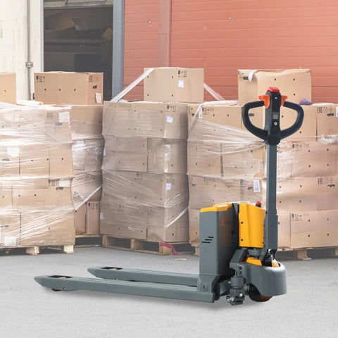 Heavy Duty Electric Pallet Jack Rocking 3300 Lbs Capacity With 48 By 27 Inch Forks Lithium Powered Walkie Pallet Truck in warehouse.