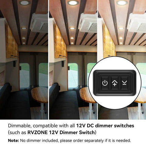 Zero Fuss 12V LED RV Puck Lights Six Pack Aluminum Recessed Ceiling Bulbs For Camper Interior showcasing dimmer switch compatibility.