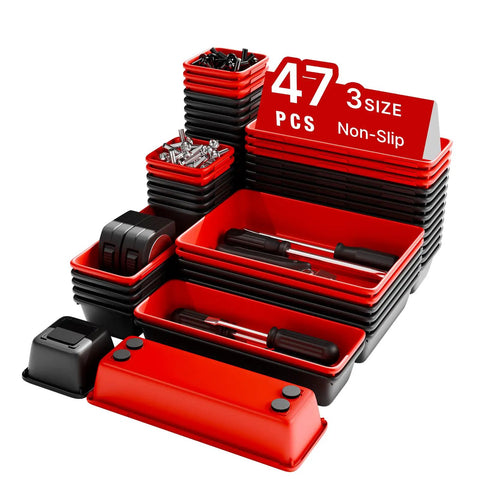 47 Piece Interlocking Tool Tray Organizer Set With Non Slip EVA Pads For Workbench And Rolling Tool Cart Red And Black Trays Garage Drawer Organizer System, showing stacked red and black trays with tools.