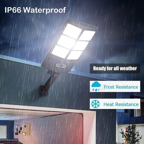 Beast Mode 150W Solar Flood Light Outdoor With Motion Sensor and Remote, mounted under rain showcasing IP65 waterproof feature